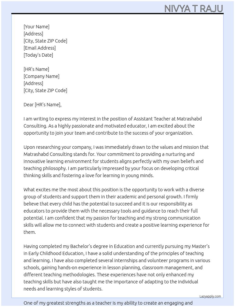 Assistant Teacher  At MATRASHABD CONSULTING Cover Letter