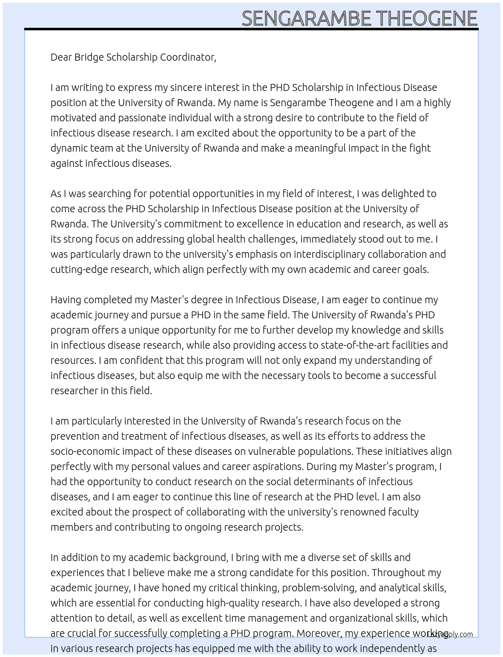 PHD SCHOLARSHIP IN INFECTIOUS DISEASE At UNIVERSITY OF RWANDA Cover Letter