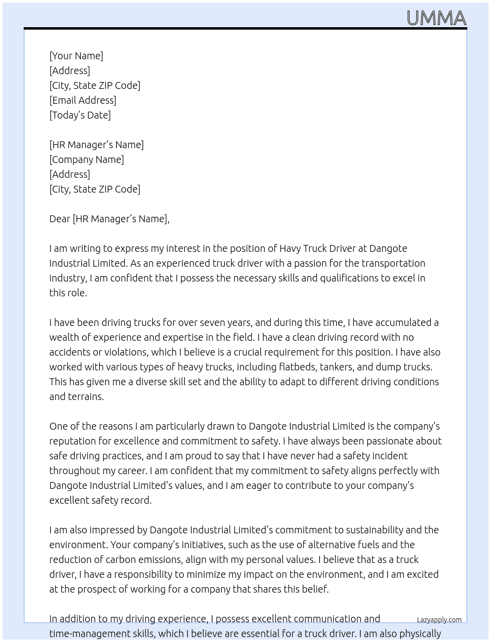 Havy truck driver  At Dangote industrial limited  Cover Letter
