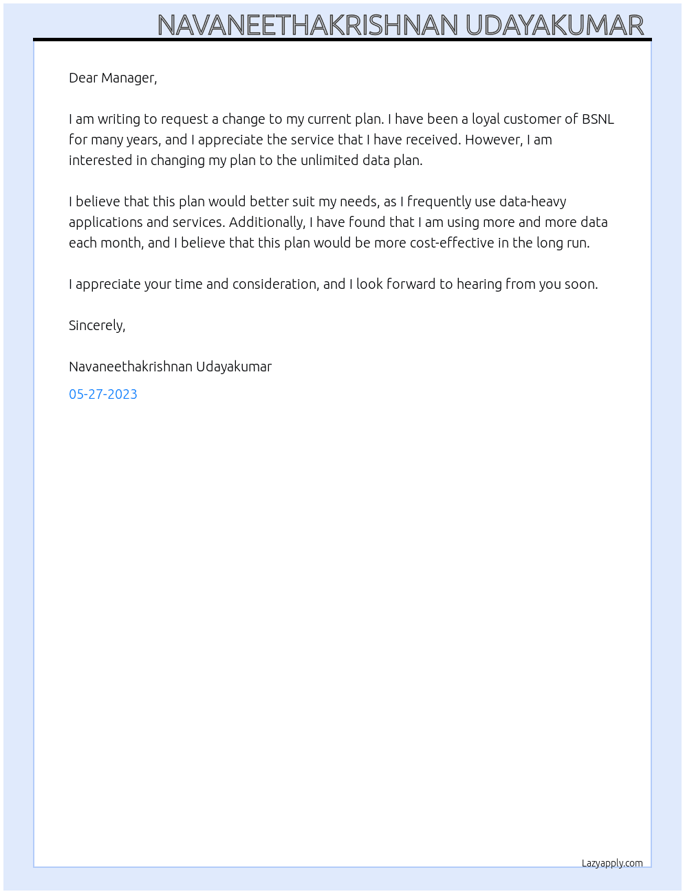 request to change plan  At BSNL  Cover Letter