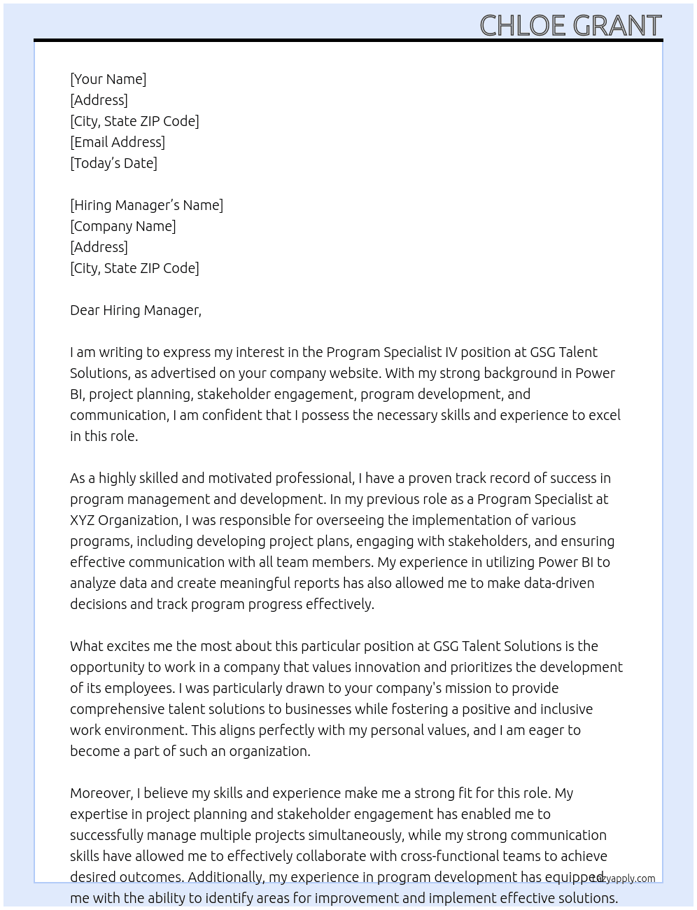 Program Specialist IV At GSG Talent Solutions Cover Letter