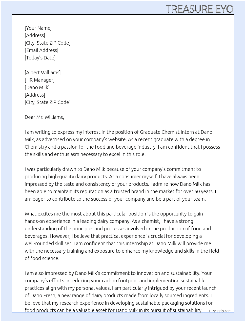 Graduate Chemist Intern At Dano Milk Cover Letter