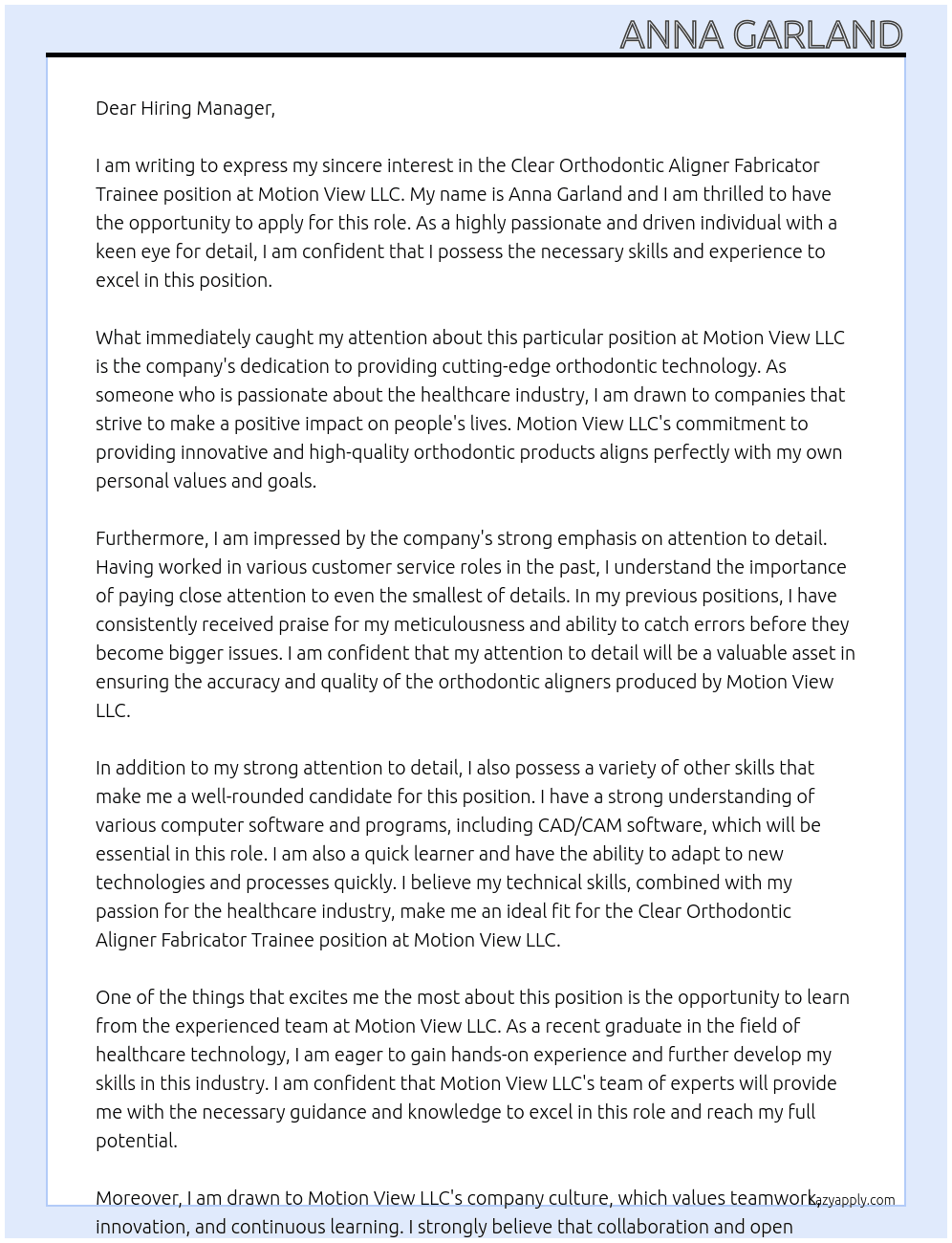 Clear Orthodontic Aligner Fabricator Trainee At Motion View LLC Cover Letter