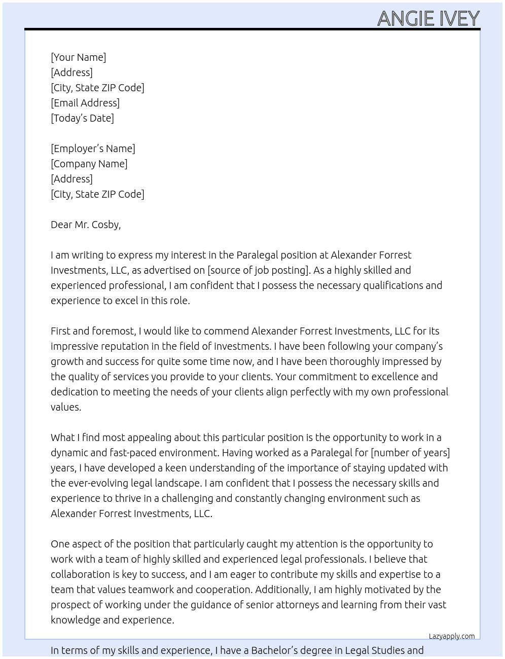 Paralegal At Alexander Forrest Investments, LLC Cover Letter