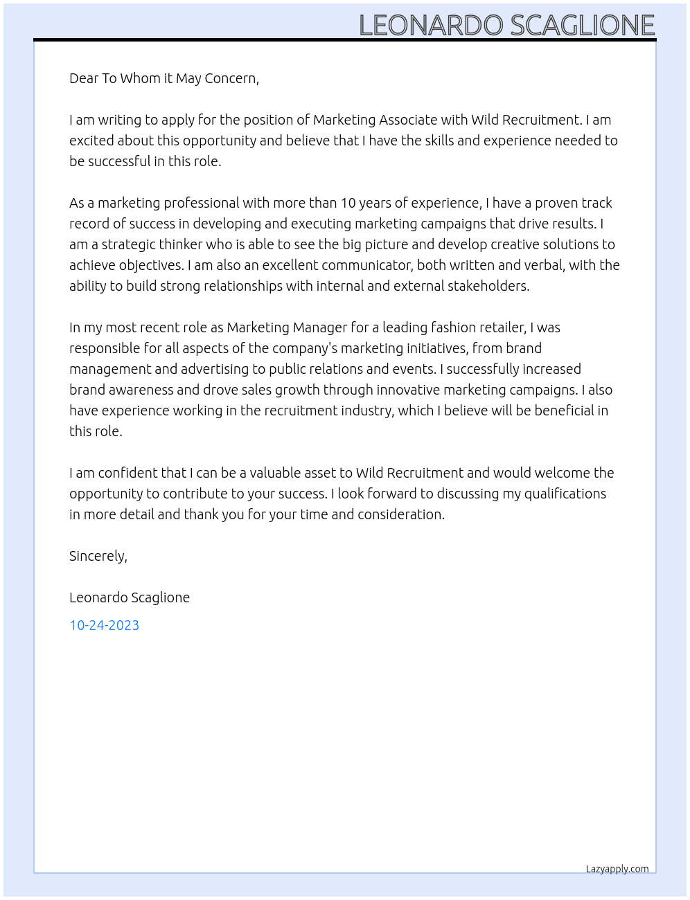 Marketing Associate  At Wild Recruitment Cover Letter