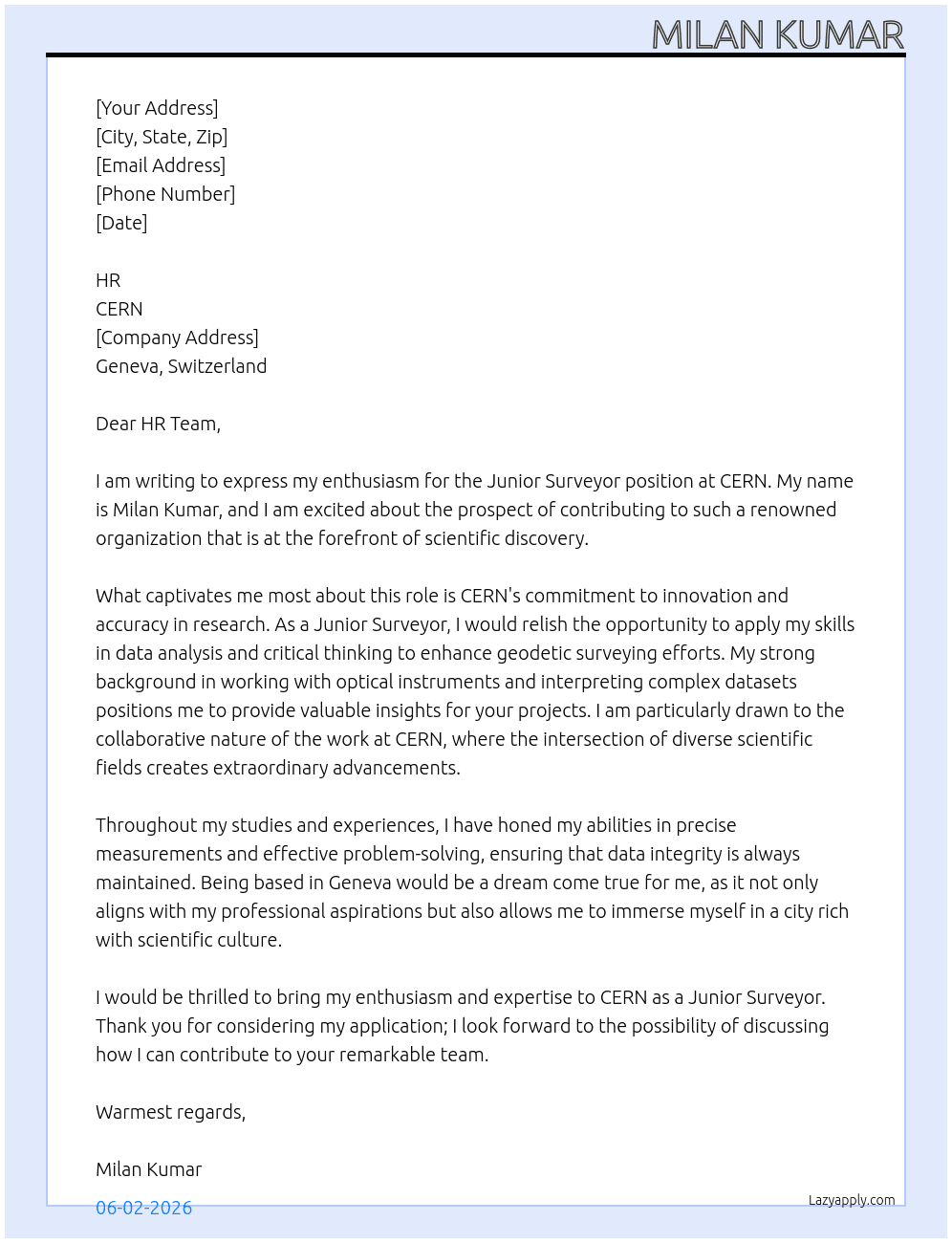 Cover letter for junior surveyor - LazyApply