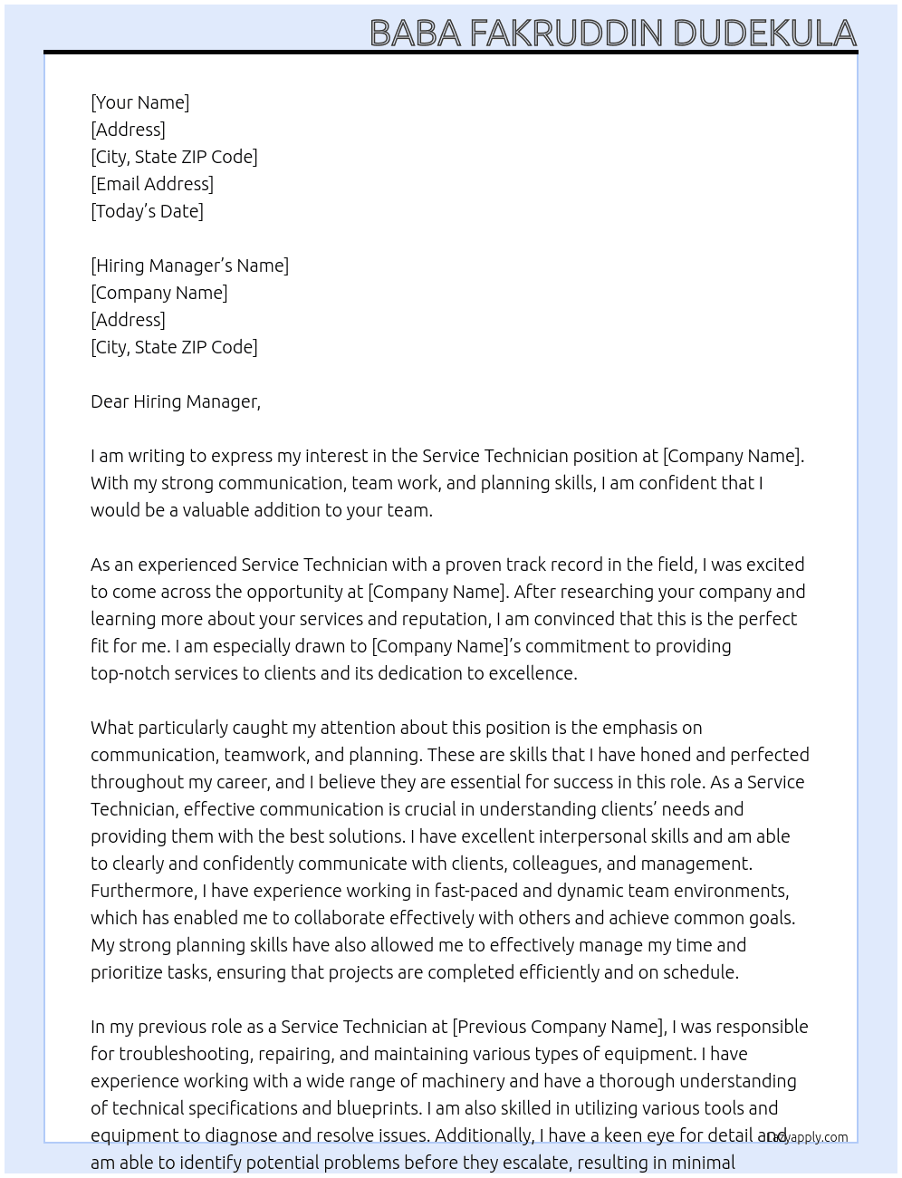 Service Technician At Service Tehnician Cover Letter