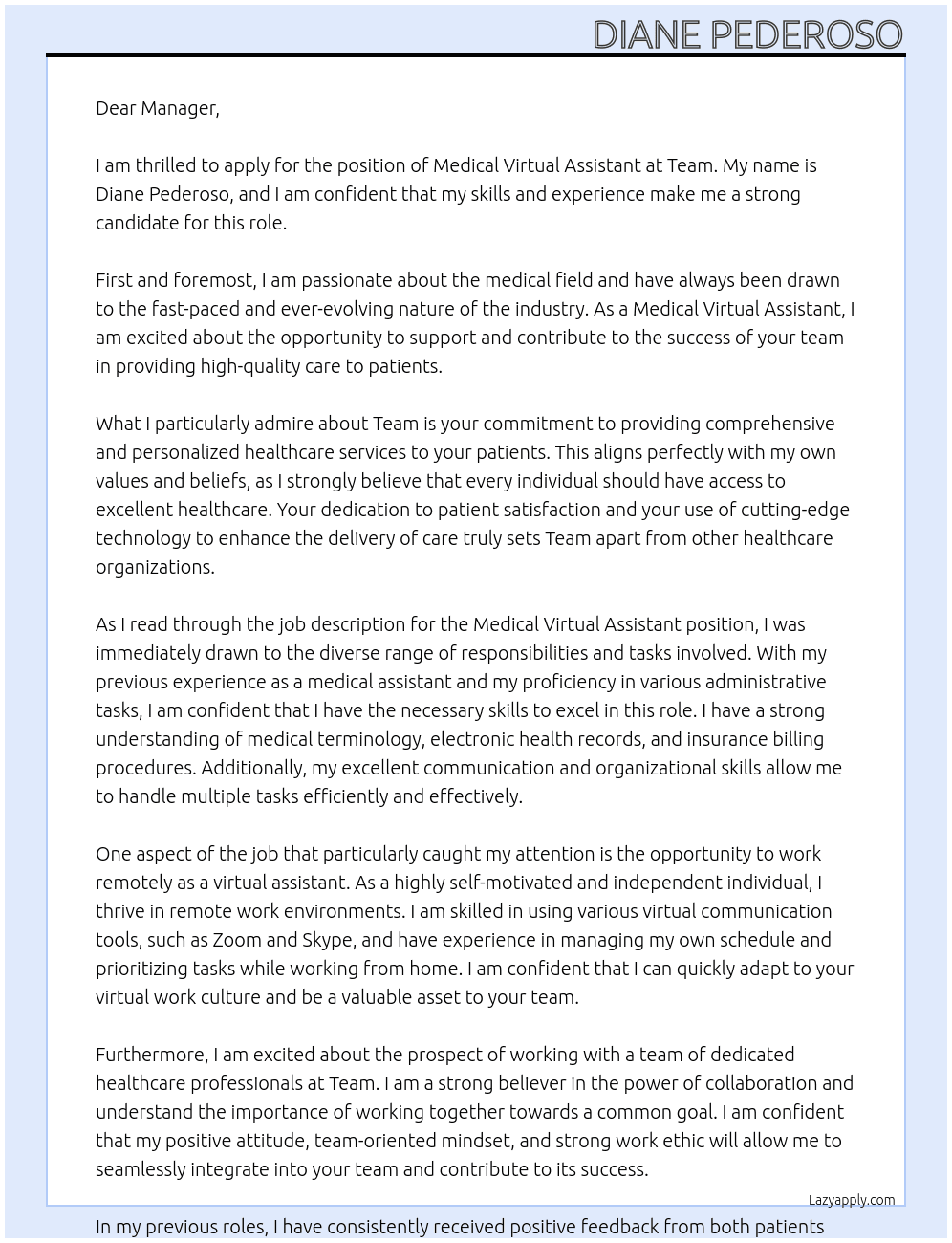Medical Virtual Assistant At Team Cover Letter