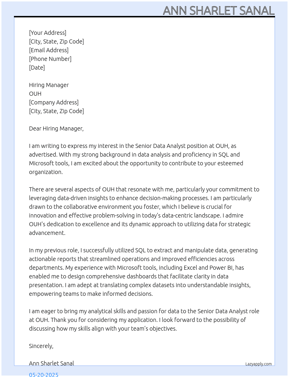 Senior Data Analyst At OUH Cover Letter