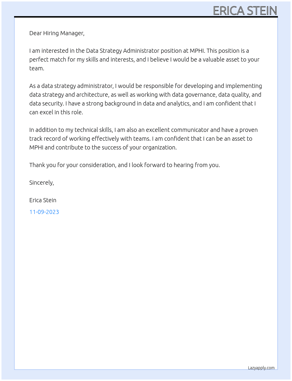 Data Strategy Administrator  At MPHI Cover Letter