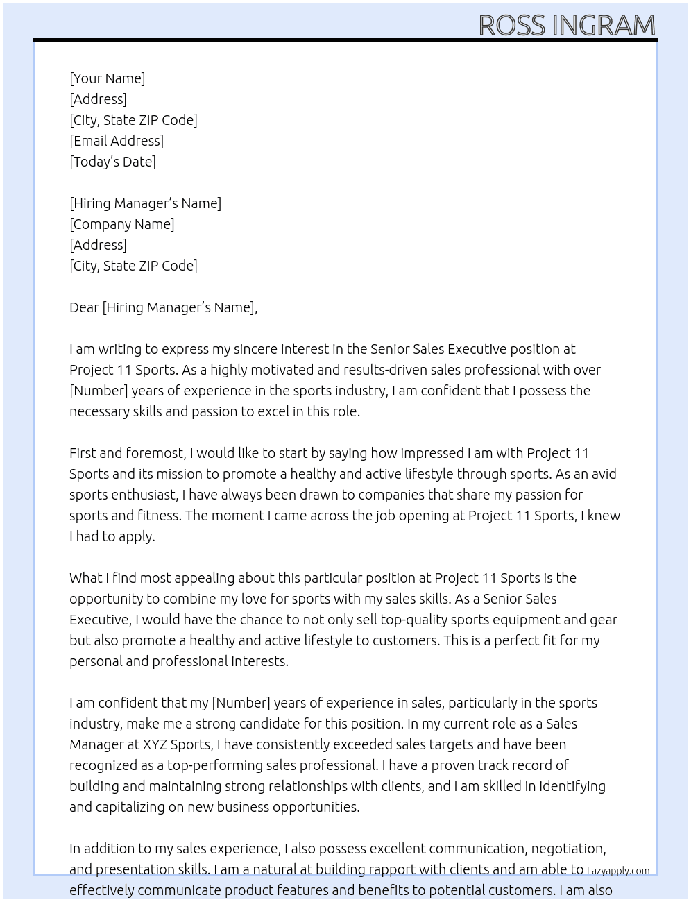 Senior Sales Executive At Project 11 Sports Cover Letter