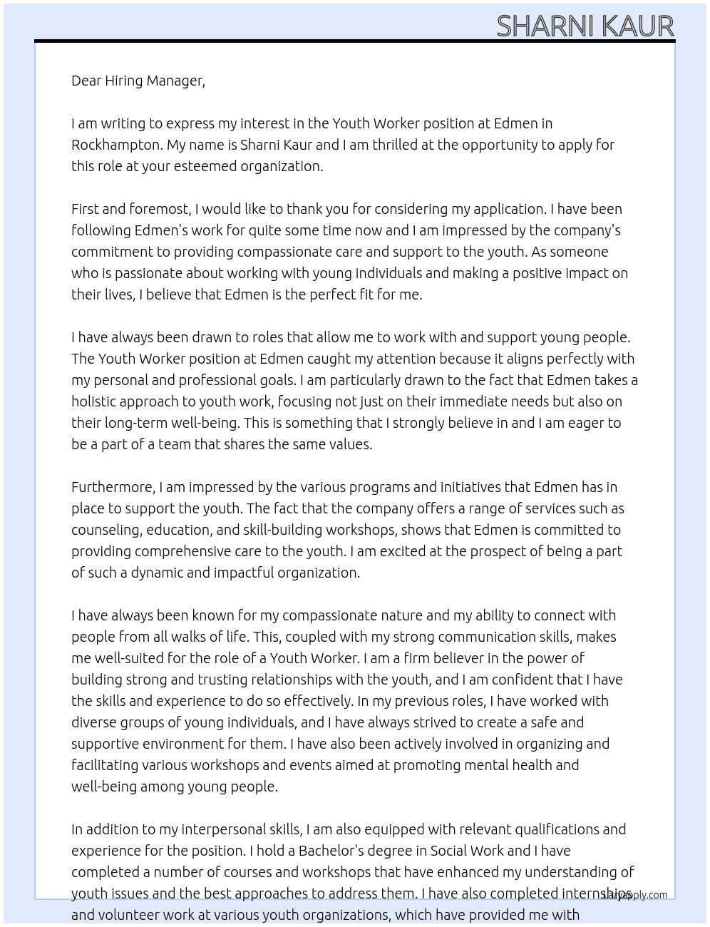 Youth Worker At Edmen  Cover Letter