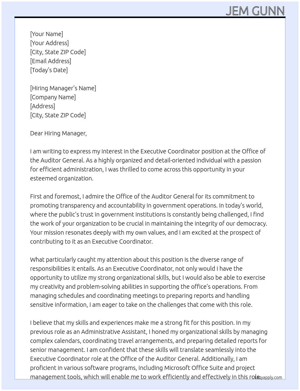 Executive Coordinator At Office of the Auditor Gneral Cover Letter