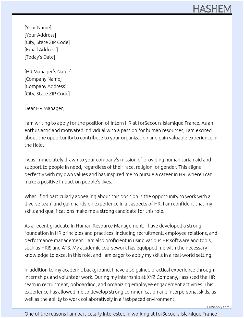 Intern HR At forSecours Islamique France Cover Letter