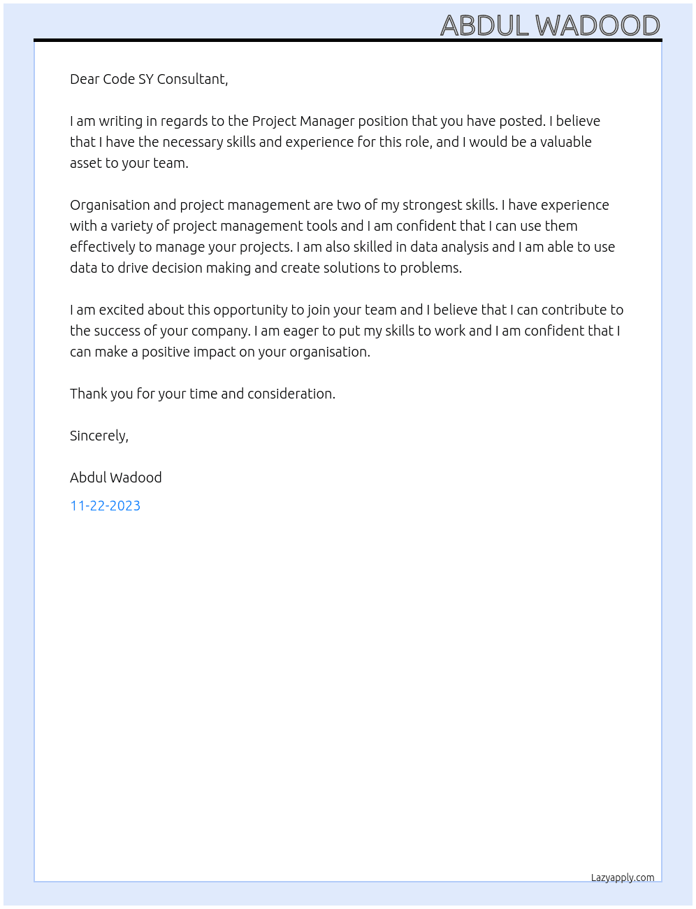 Project Manager At Code SY Consultant Cover Letter