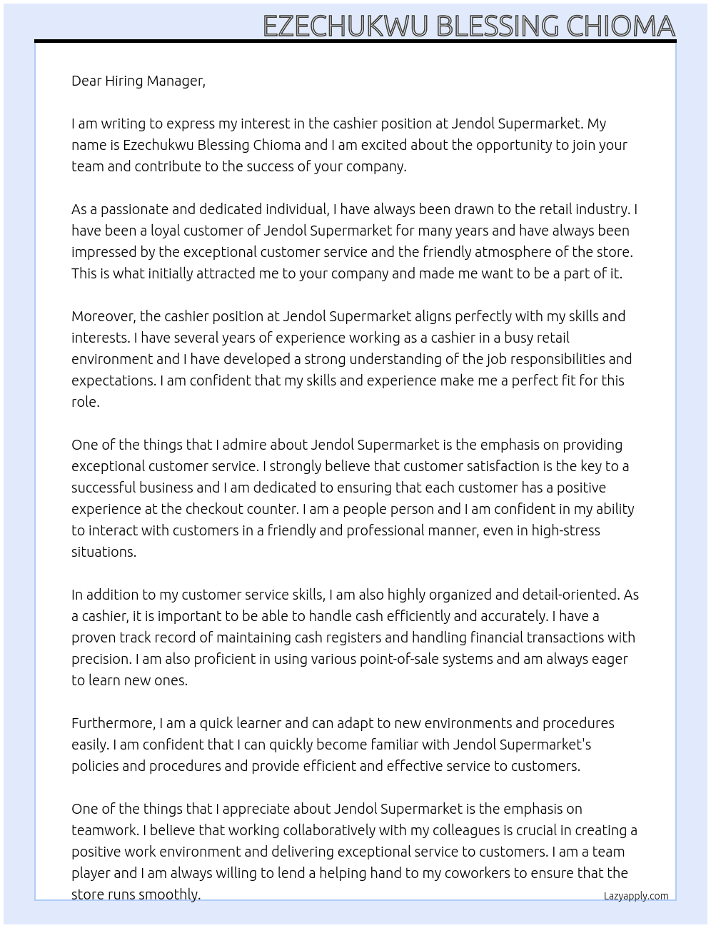 Cashier At Jendol supermarket Cover Letter