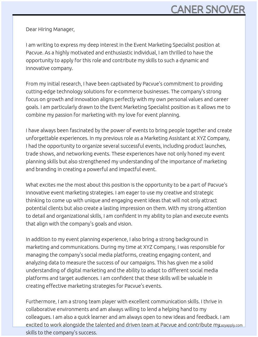 Event Marketing Specialist At Pacvue Cover Letter