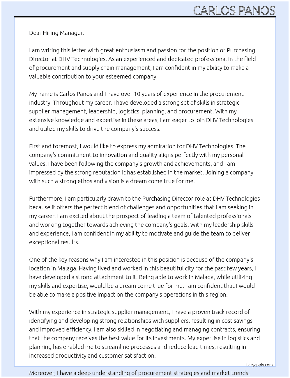 Purchasing Director At DHV Technologies Cover Letter