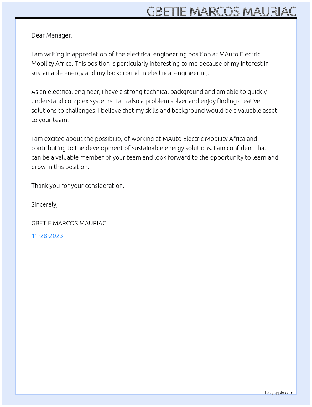 Electrical Engenier At MAUTO ELECTRIC MOBILITY AFRICA Cover Letter