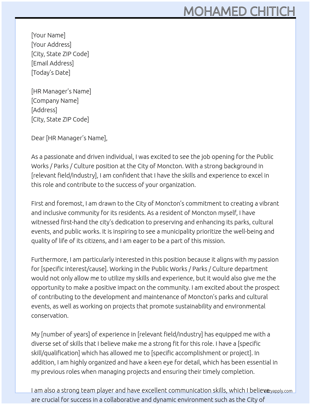 Public Works / parks/ culture At city of moncton Cover Letter