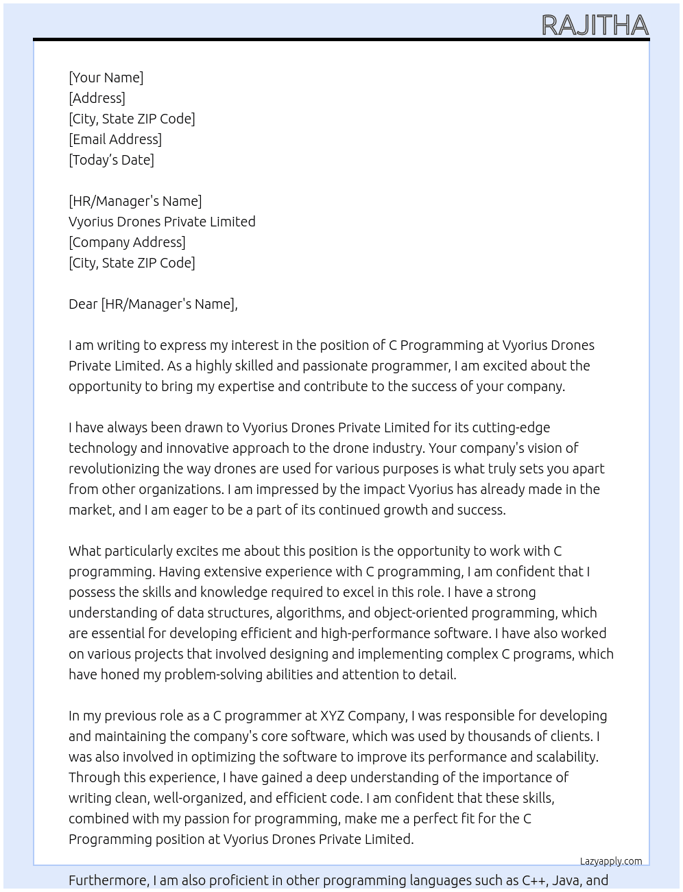 c programming At Vyorius Drones Private Limited Cover Letter
