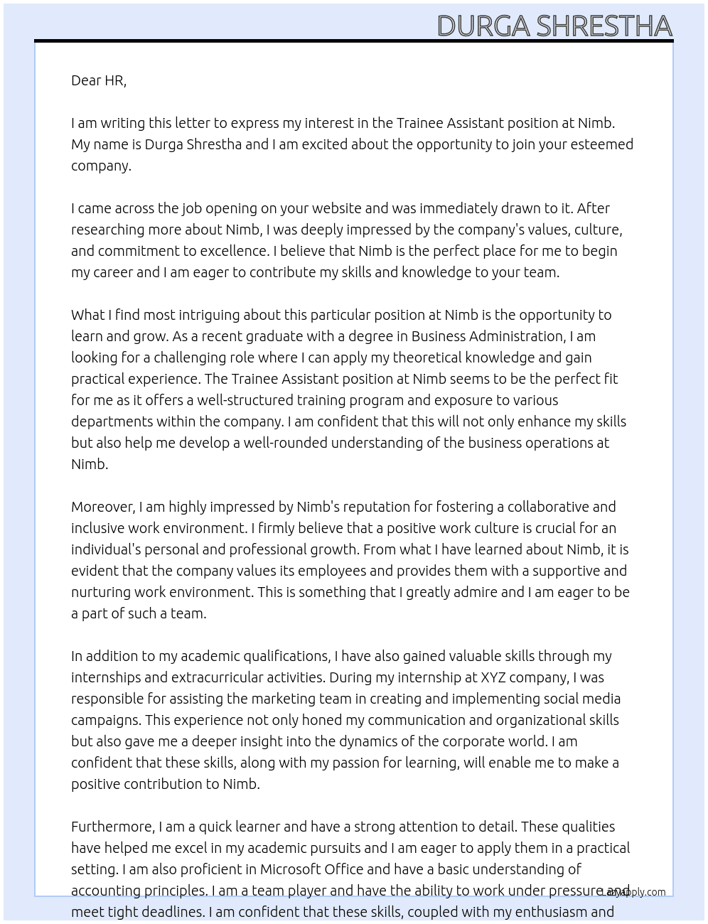 trainee assistant At nimb Cover Letter