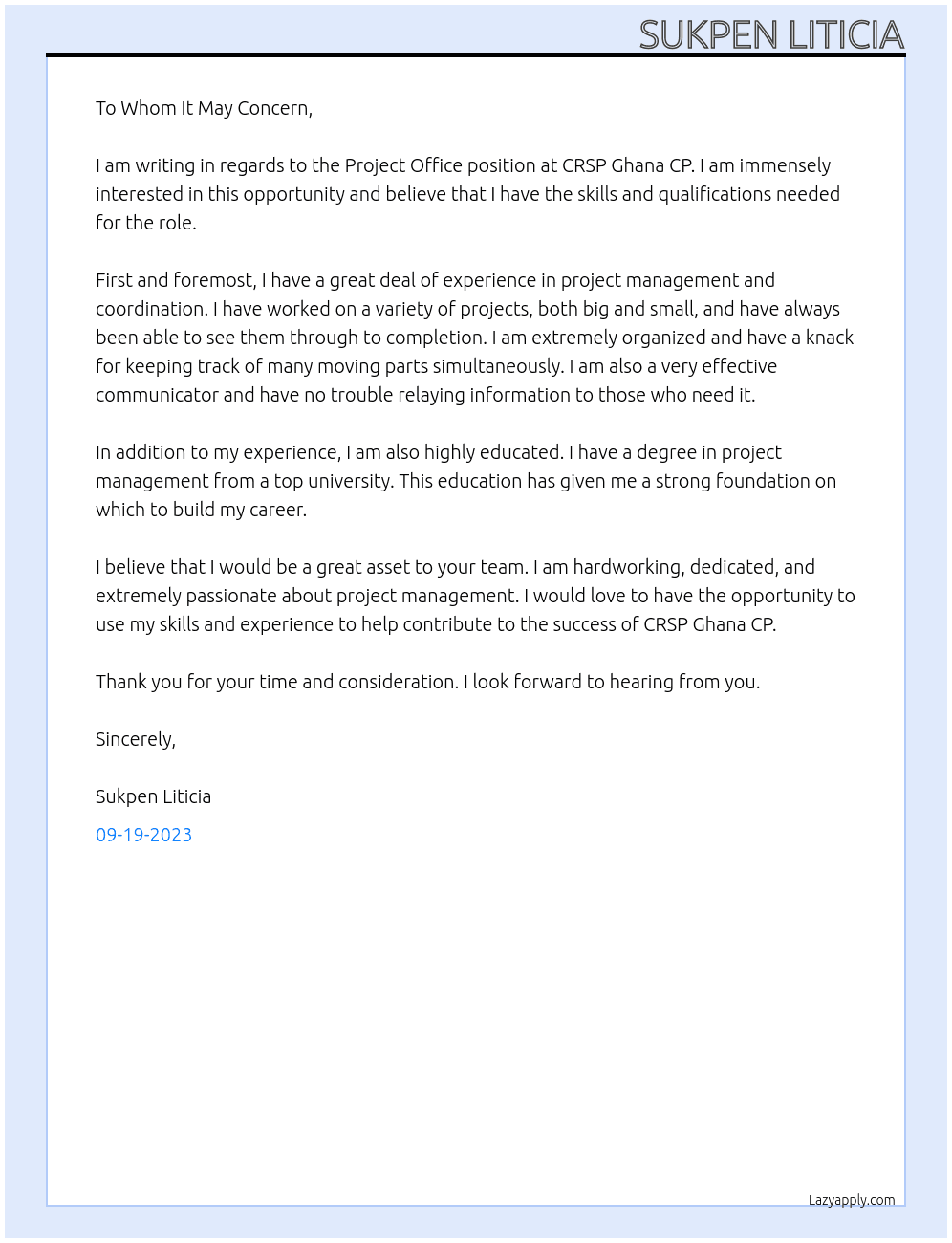 Project office  At CRSP Ghana CP Cover Letter