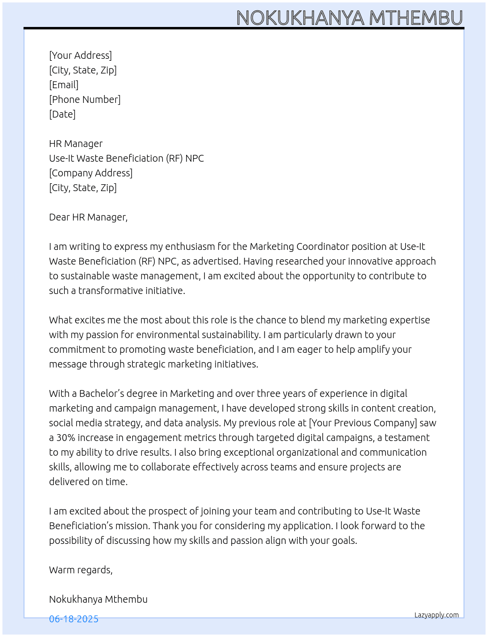 Marketing Coordinator At Use-It Waste Beneficiation (RF) NPC Cover Letter
