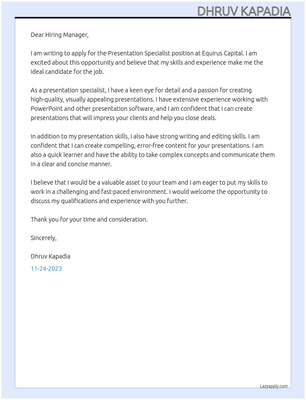 Presentation Specialist At Equirus Capital Cover Letter