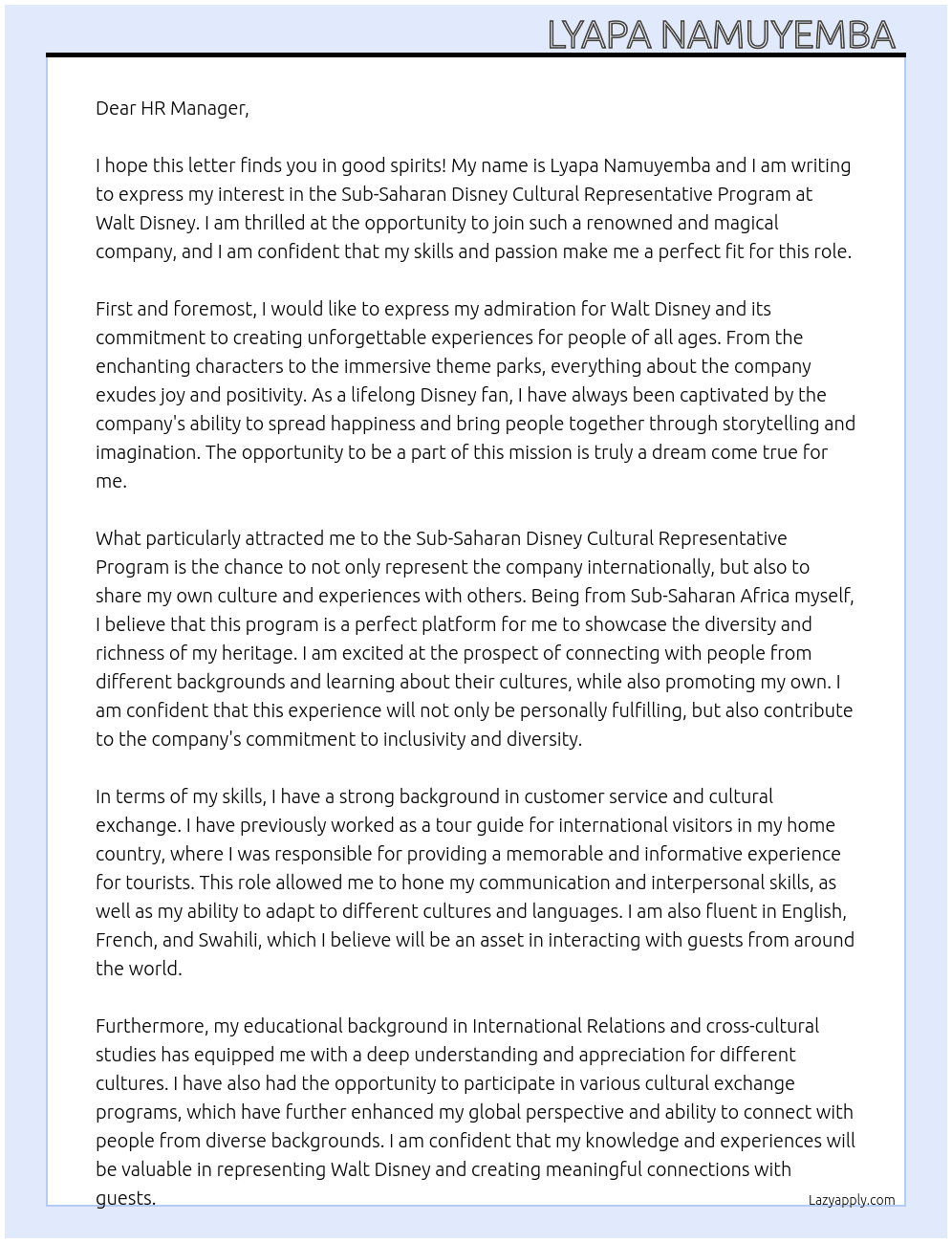 Sub-Saharan Disney Cultural Representative Program At Walt Disney Cover Letter