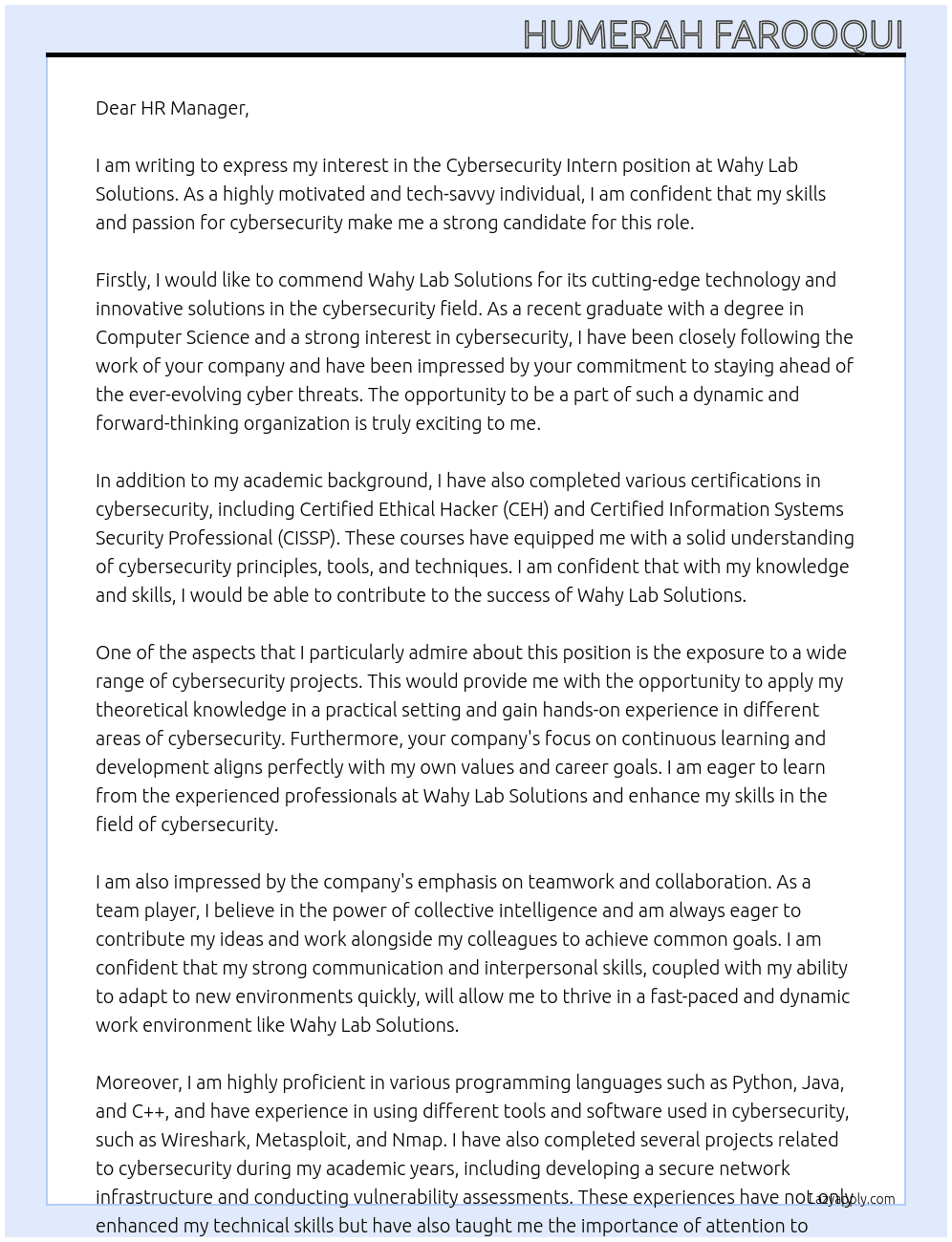 Cybersecurity intern At Wahy Lab Solutions Cover Letter