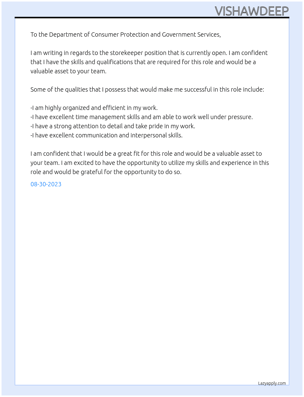 Storekeeper At kalyan Cover Letter