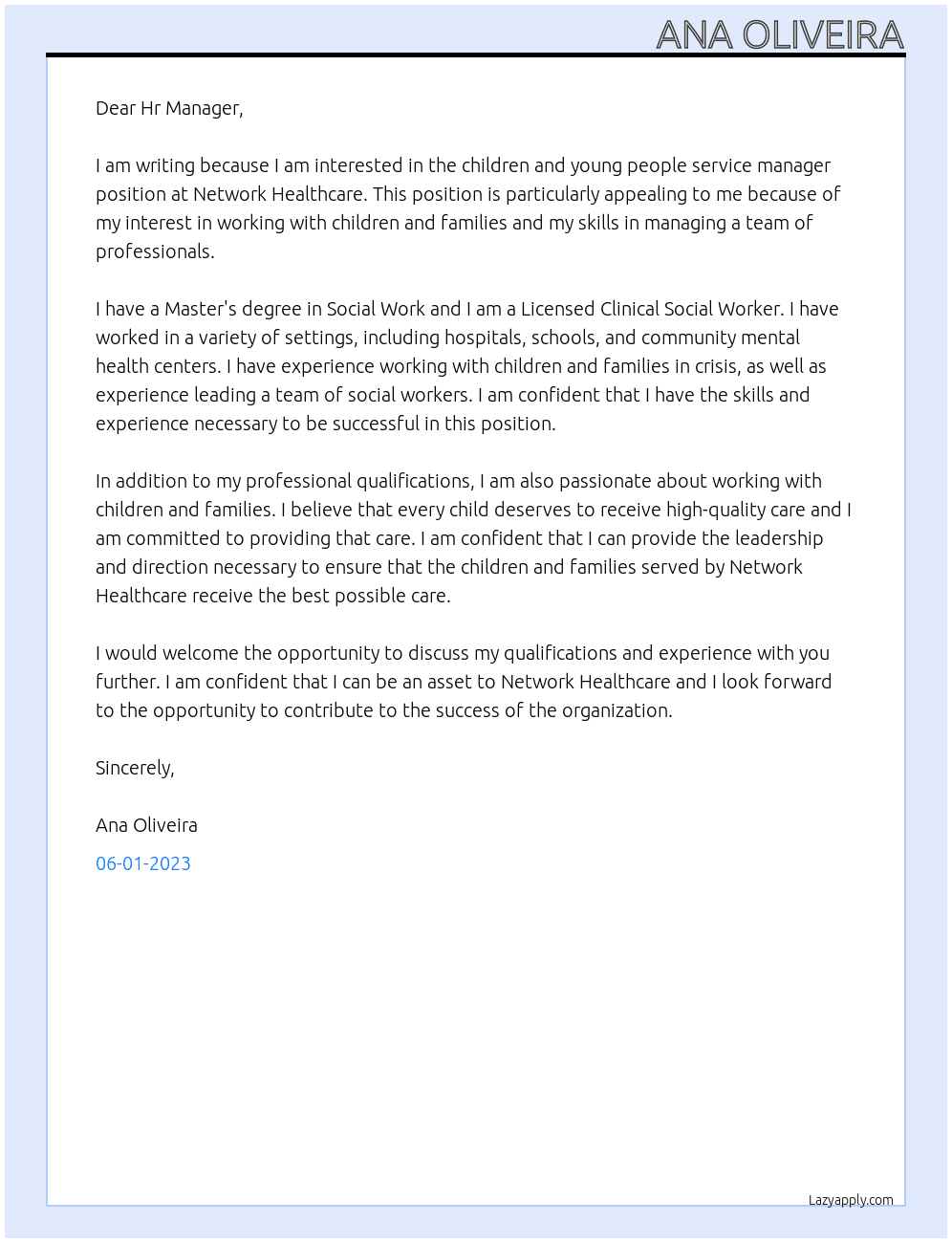 children and young people service manager At Network Healthcare Cover Letter