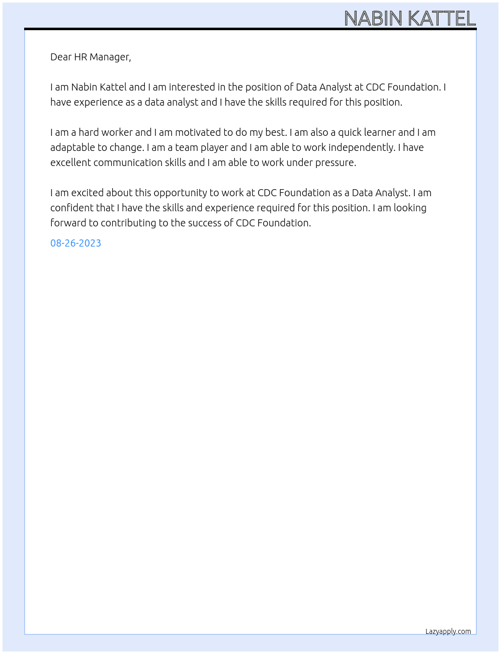 Data Analyst At CDC Foundation Cover Letter