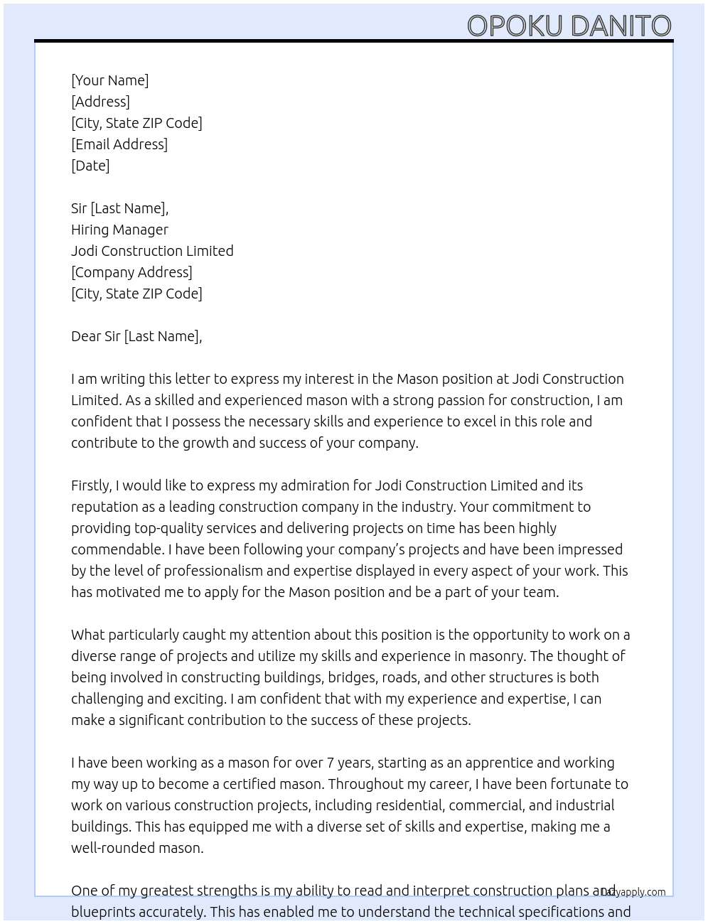 Mason  At Jodi Construction Limited  Cover Letter