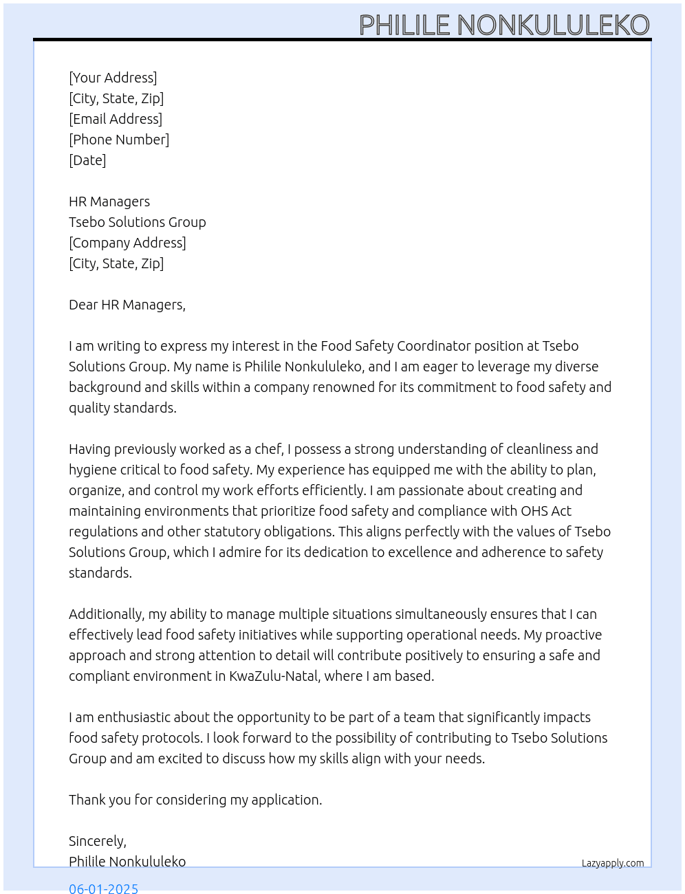 Food Safety Coordinator At Tsebo Solutions Group Cover Letter