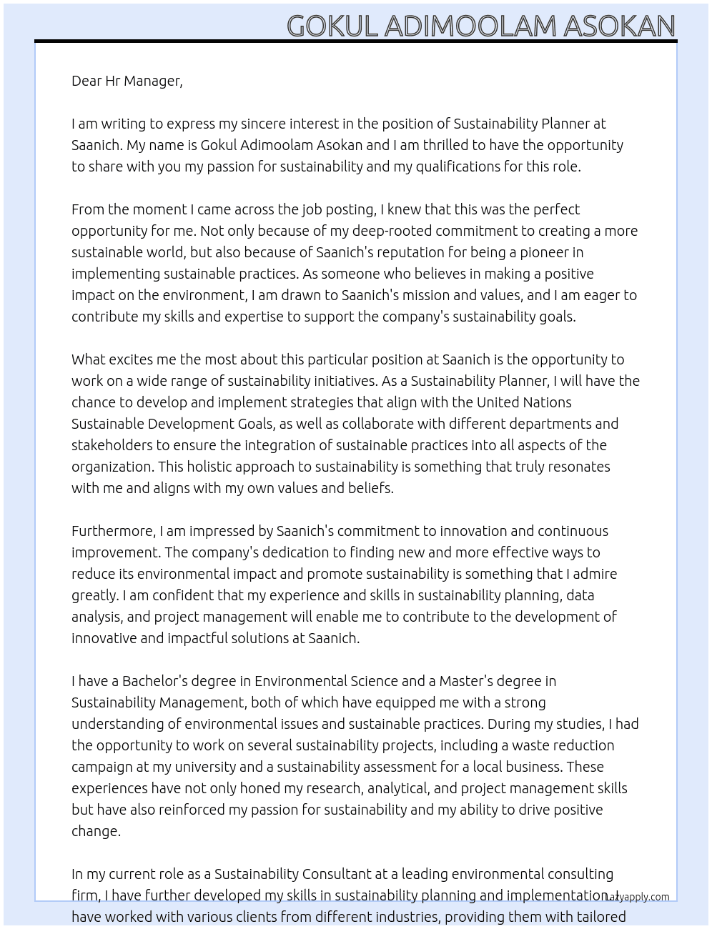 sustainability planner At Saanich Cover Letter