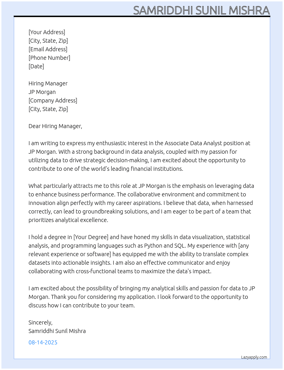 Cover letter for associate data analyst - LazyApply