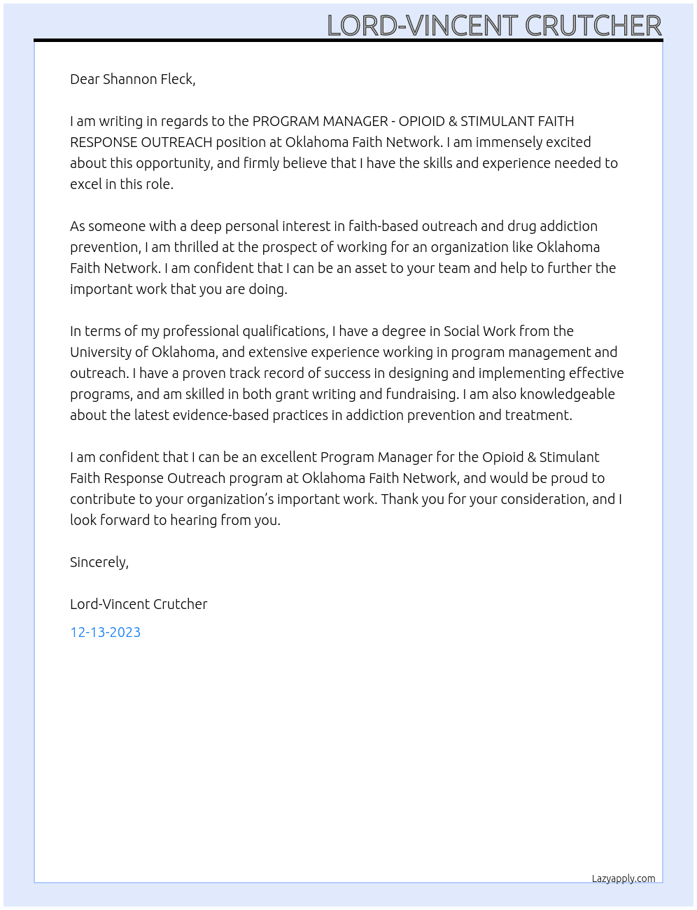 PROGRAM MANAGER - OPIOID & STIMULANT FAITH RESPONSE OUTREACH At Oklahoma Faith Network Cover Letter
