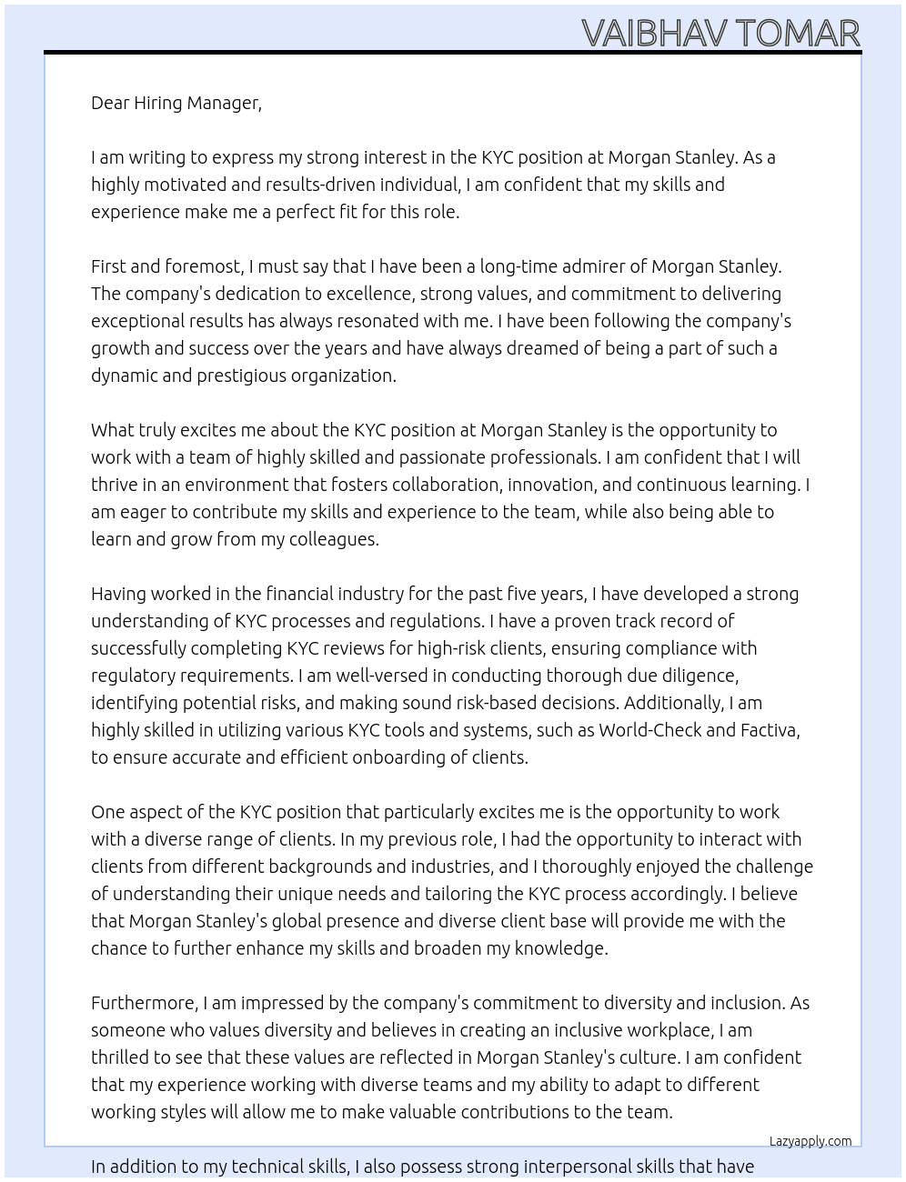 KYC At Morgan Stanley Cover Letter