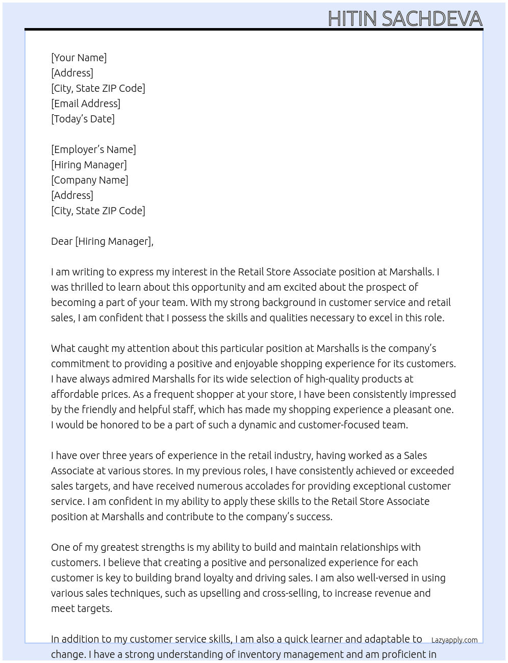Retail Store Associate At Marshalls Cover Letter