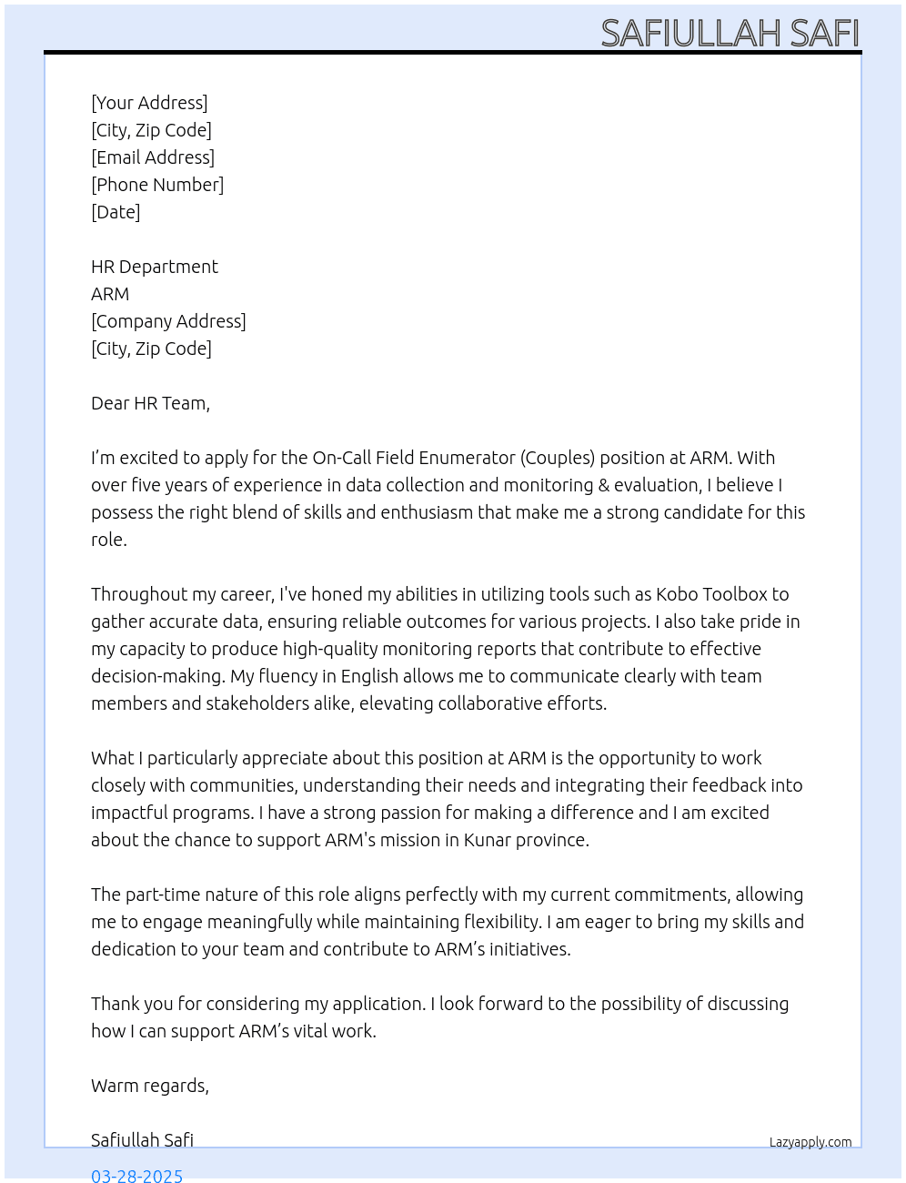 On-Call Field Enumerators (Couples) At ARM Cover Letter