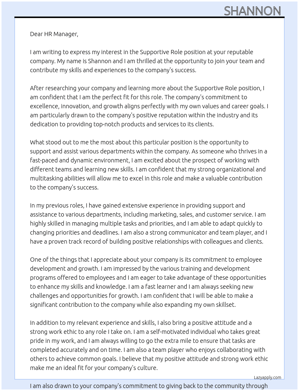 Supportive Role  At Reputable company  Cover Letter