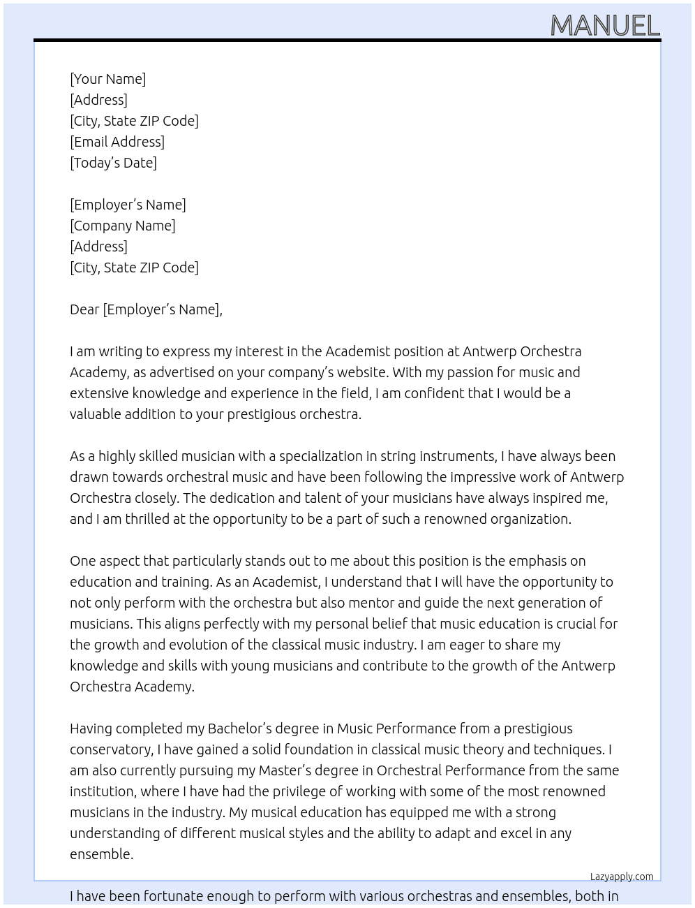 Academist At Antwerp Orchestra Academy Cover Letter