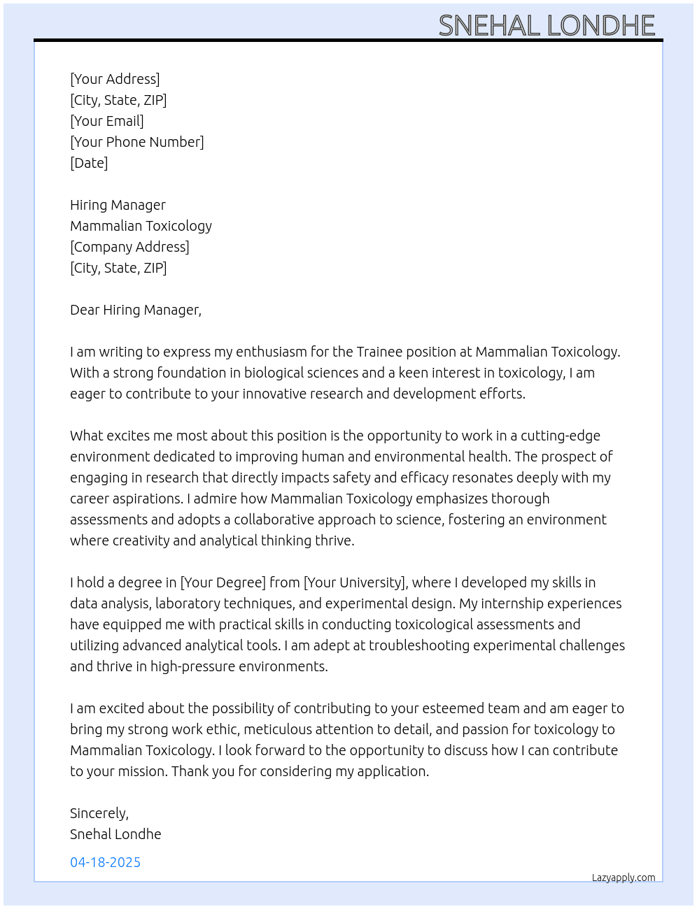 Trainee  At Mammalian toxicology  Cover Letter