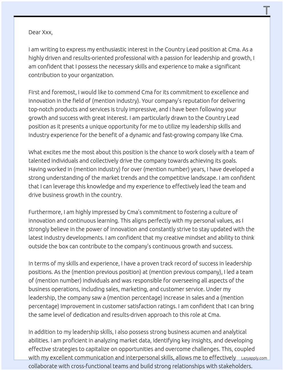 Country lead At Cma Cover Letter