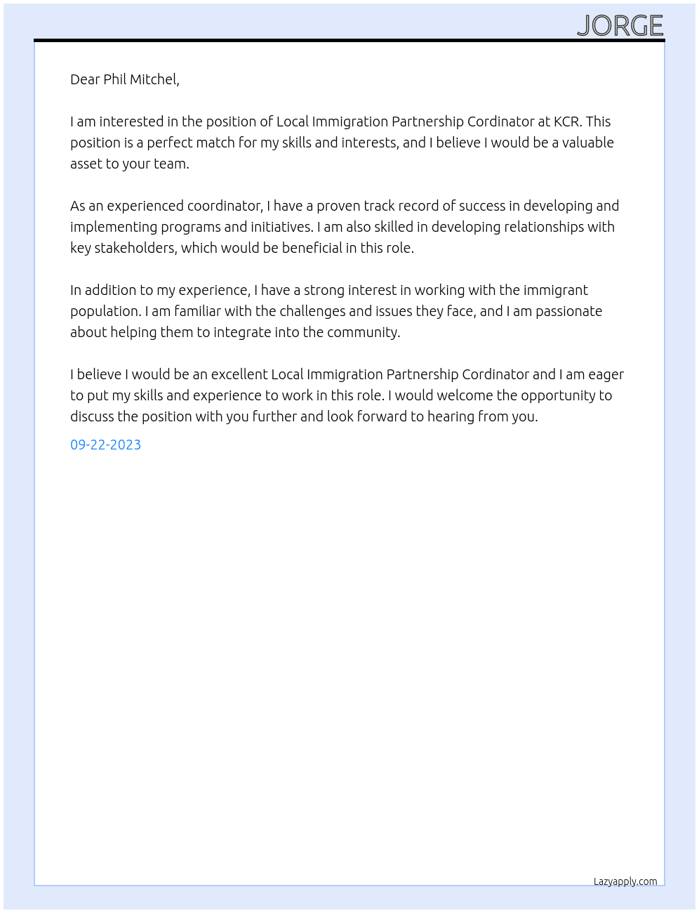 Local Immigration Partnership Cordinator  At KCR Cover Letter