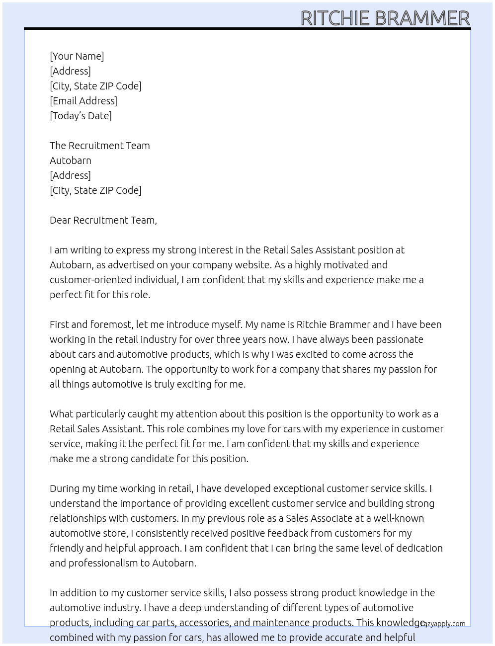 Retail Sales Assistant  At Autobarn Cover Letter