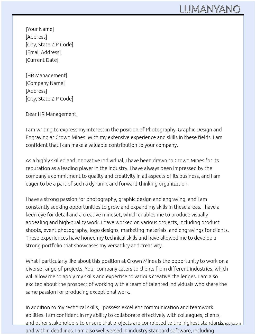 Photography, Graphic design and Engraving  At Crown Mines Cover Letter