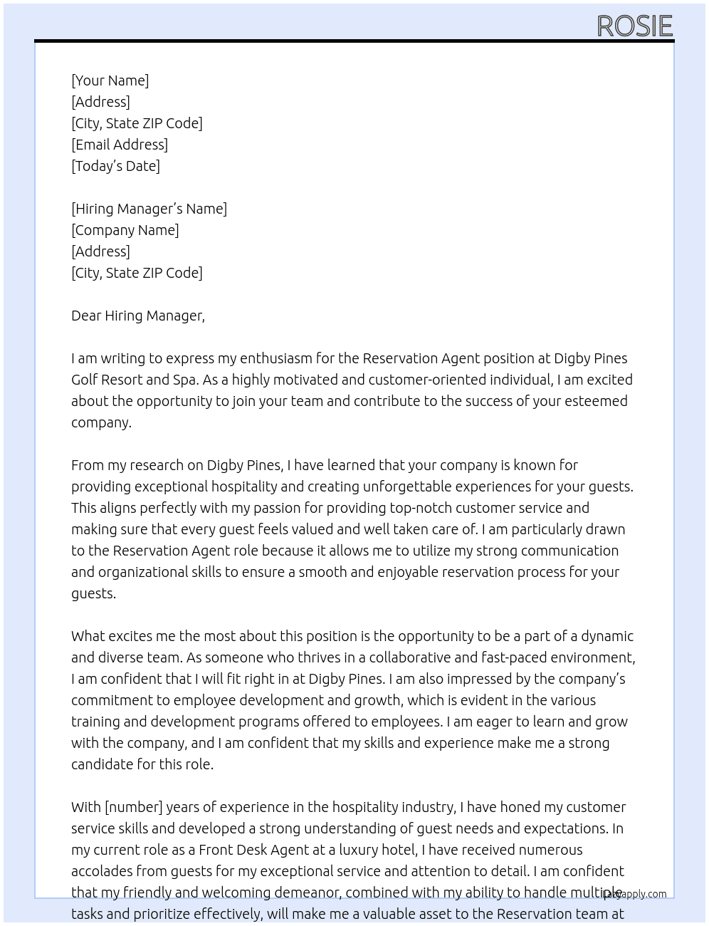 Reservation Agent At Digby Pines Golf Resort and Spa  Cover Letter